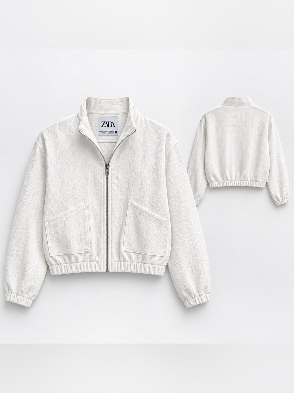 Zara White Textured Cropped Bomber Jacket